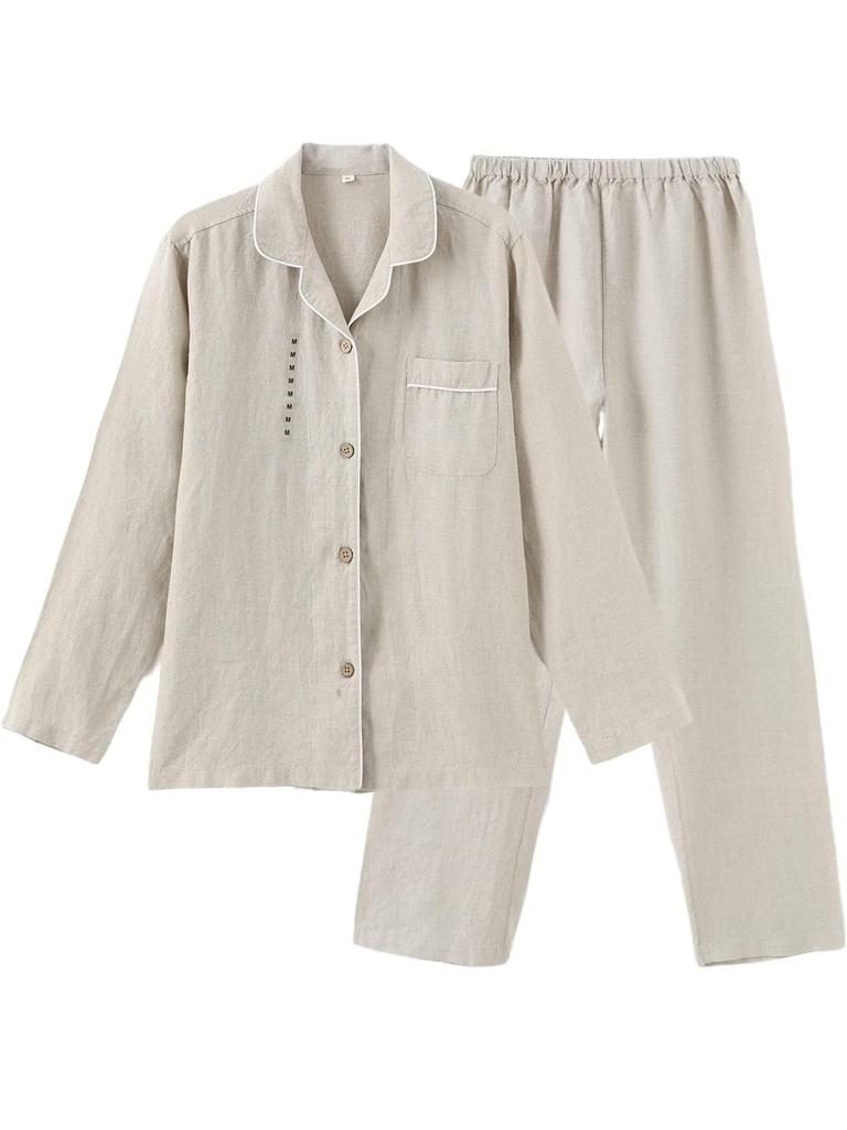RAKUYUME Linen Long Sleeve Loungewear for and and Size Women's Pajamas, Spring, Summer, Autumn, Winter, Moisture-Wicking Quick-Drying (Light Khaki, M)