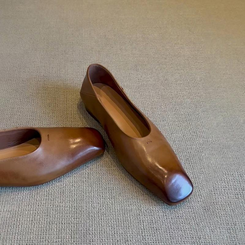 Sheepskin version~ Small square head minimalist flat shoes, one pedal, shallow mouth temperament single shoes, women's commuting small leather shoes