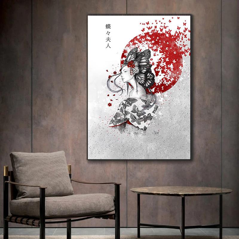 Japanese Zen Ink Painting Art Posters Canvas Paintings Samurai Moon Koi Maid Kanji Wall Art Prints Decoration Kawaii Room Decor