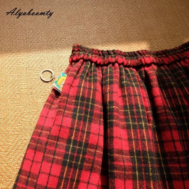 Japanese Preppy Style Autumn Winter Women Midi Skirt High Waist Red Plaid Woolen Skirt Vintage Wool Elegant Christmas New Year Skirt With Pockets