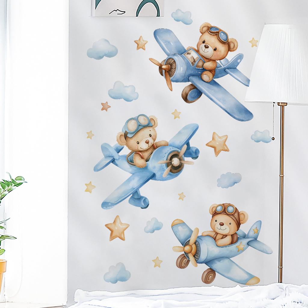 Cartoon Hand-Painted Bear Airplane Wall Sticker Kids Room Bedroom Entrance Home Wall Decoration Self-Adhesive
