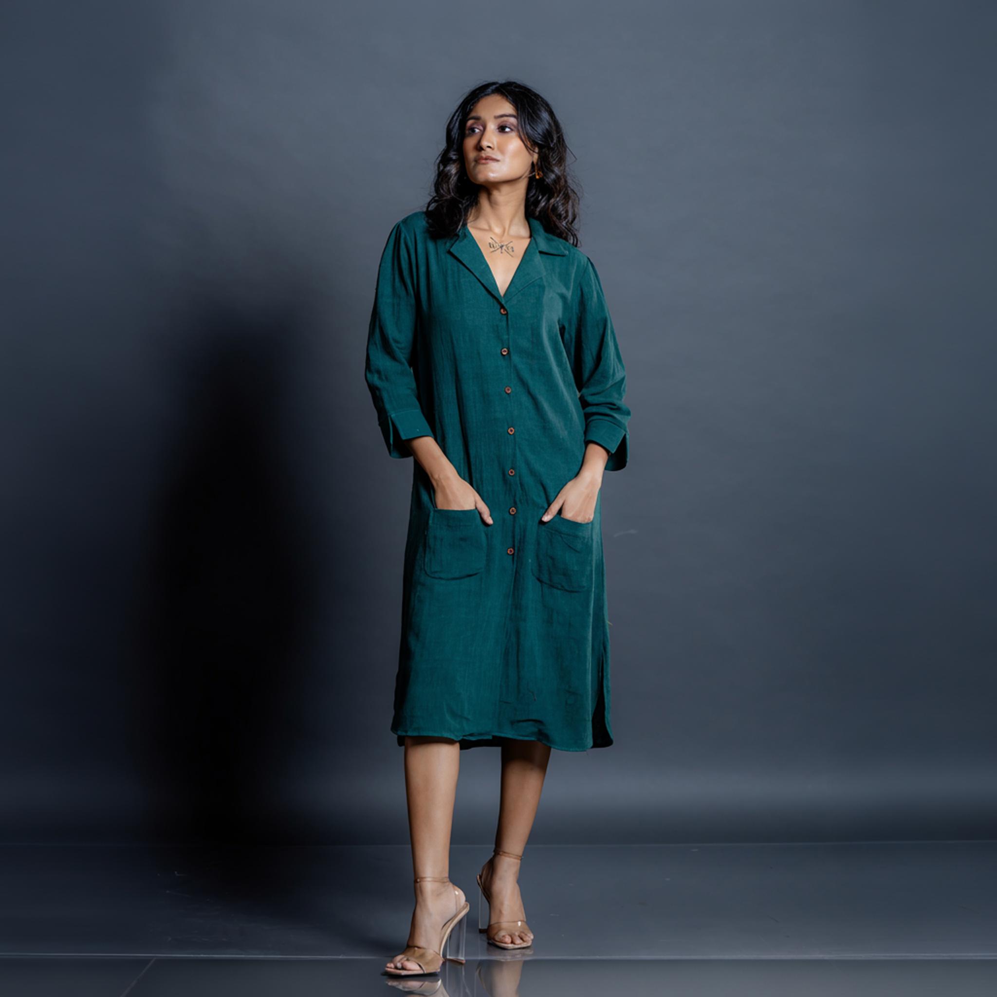 Teal Whispers Handwoven Kala cotton Shirt Dress S тил зеленый