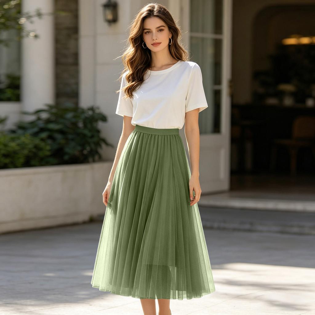 Ladies' Casual And Fashionable Mesh Half Skirt Long Skirt