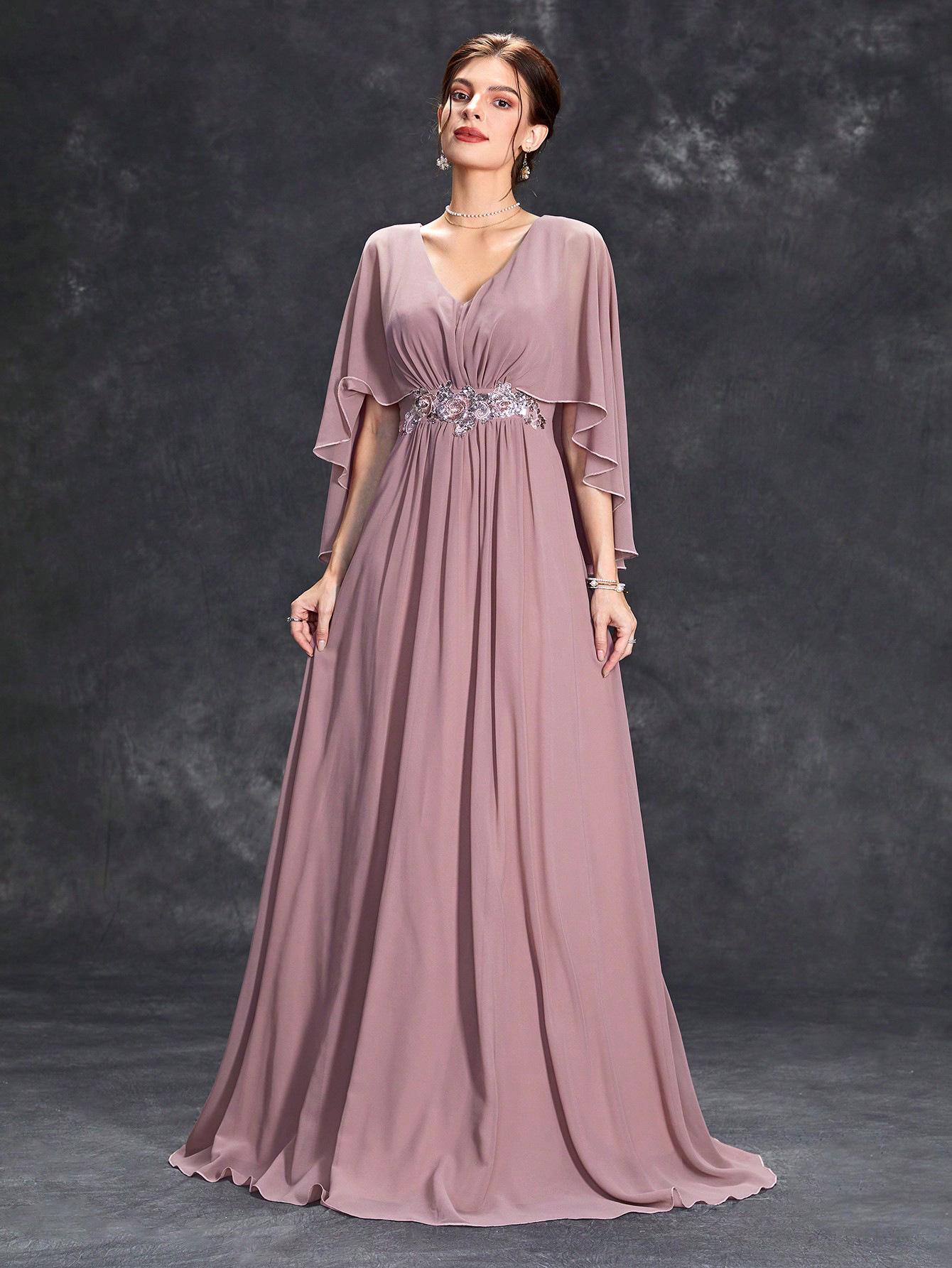 

Элегантное вечернее платье с V-образным вырезом, расшитое пайетками, с рукавами-трубами и вышитой аппликацией Large