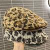 Pu Leather Brim Leopard Print Berets Keep Warm Women Newsboy Caps Lamb Wool Berets Hat  Female