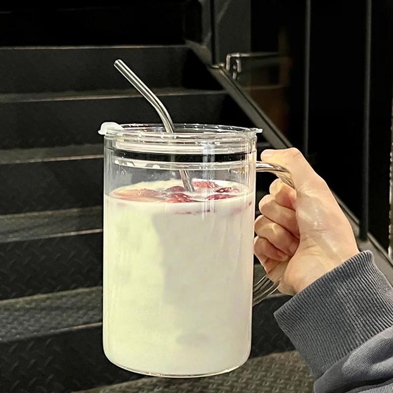 1L Transparent Glas Tumbler - Kaffemugg med Lock & Sugrör Återanvändbar Drickkopp Juice Mocha Mjölk Hem Kontor Dryckesglas