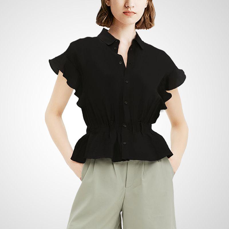 

Stylish French Fashion Silm Show Thin Black Shirt Women s 2025 Summer Wear Temperament Waist-Controlled Ruffle Blouse Tide Black S