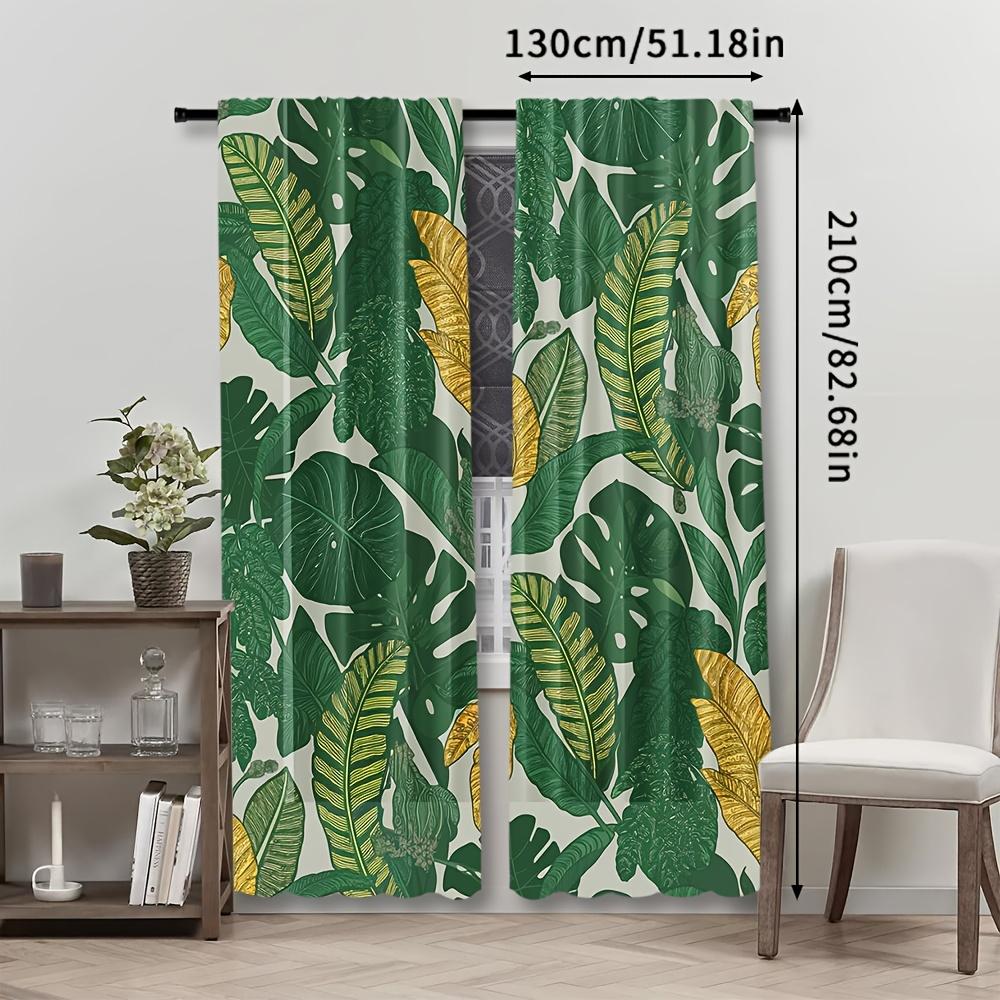 2pcs Palm Leaf Print Rod Pocket Curtains, Woven Polyester Pongee, Semi-Sheer Roller Embossed Drapes, Contemporary Style, Machine