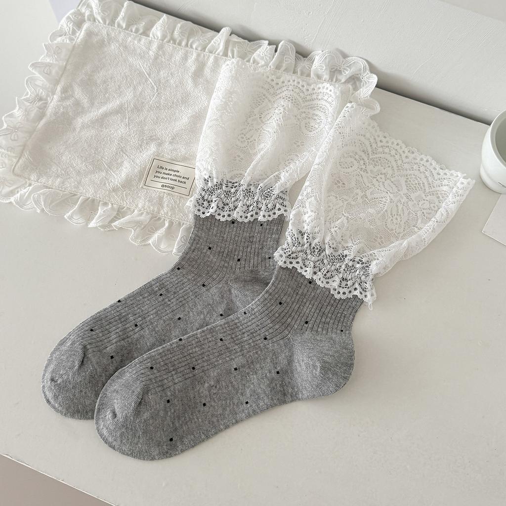 Lace Socks Women'S Spring And Summer Thin Ballet Storm Point Mid-Tube Cotton Socks Miu Series Versatile Breathable Stacking Socks