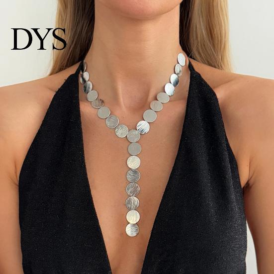 Short Bib Style Necklace Chunky Y Necklace, Metal Discs Choker Textured Coin Dangle Statement Tassel Earrings, Adjustable Retro Sequins for