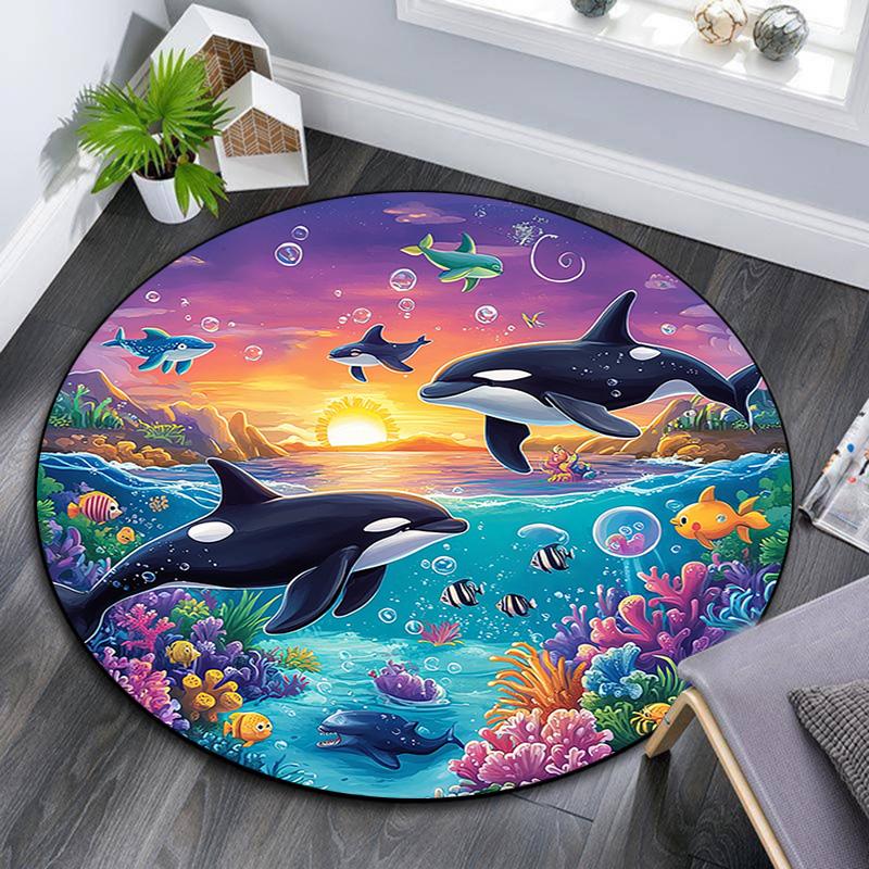Orca Whales Round Area Rug,Carpet Rug for Living Room Bedroom Sofa Playroom Decor,Non-slip Floor Mat