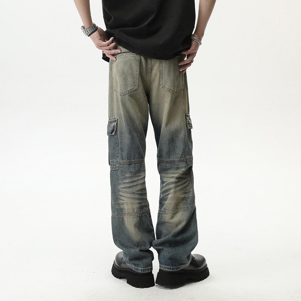 Tooling Jeans Men's Ins American High Street Loose Denim Straight Pants Old Washed Retro Multi-Pocket Pants