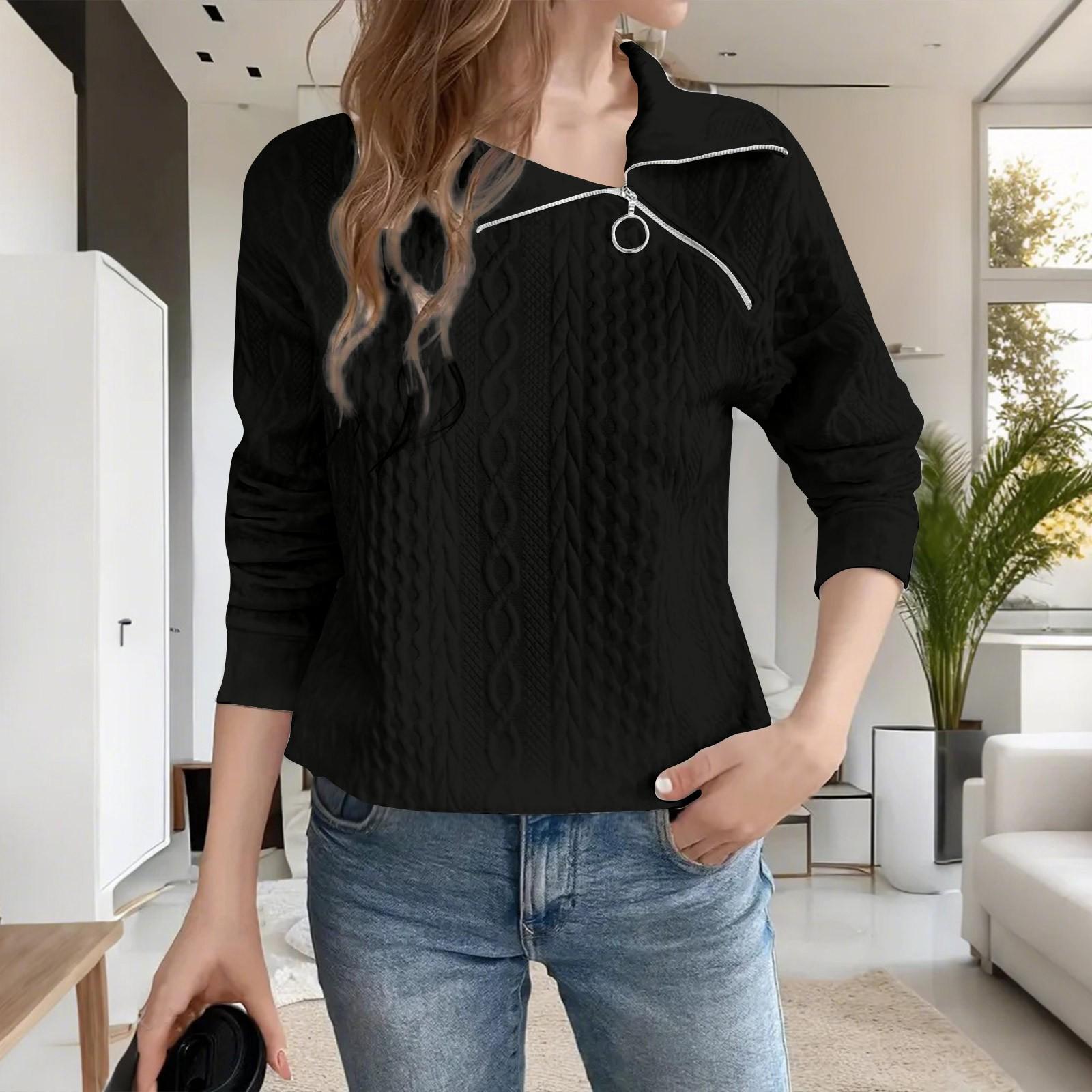 

Женская осенне-зимняя модная толстовка-свитер на молнии с отворотами и длинным рукавом, верхняя часть рубашки L чёрный