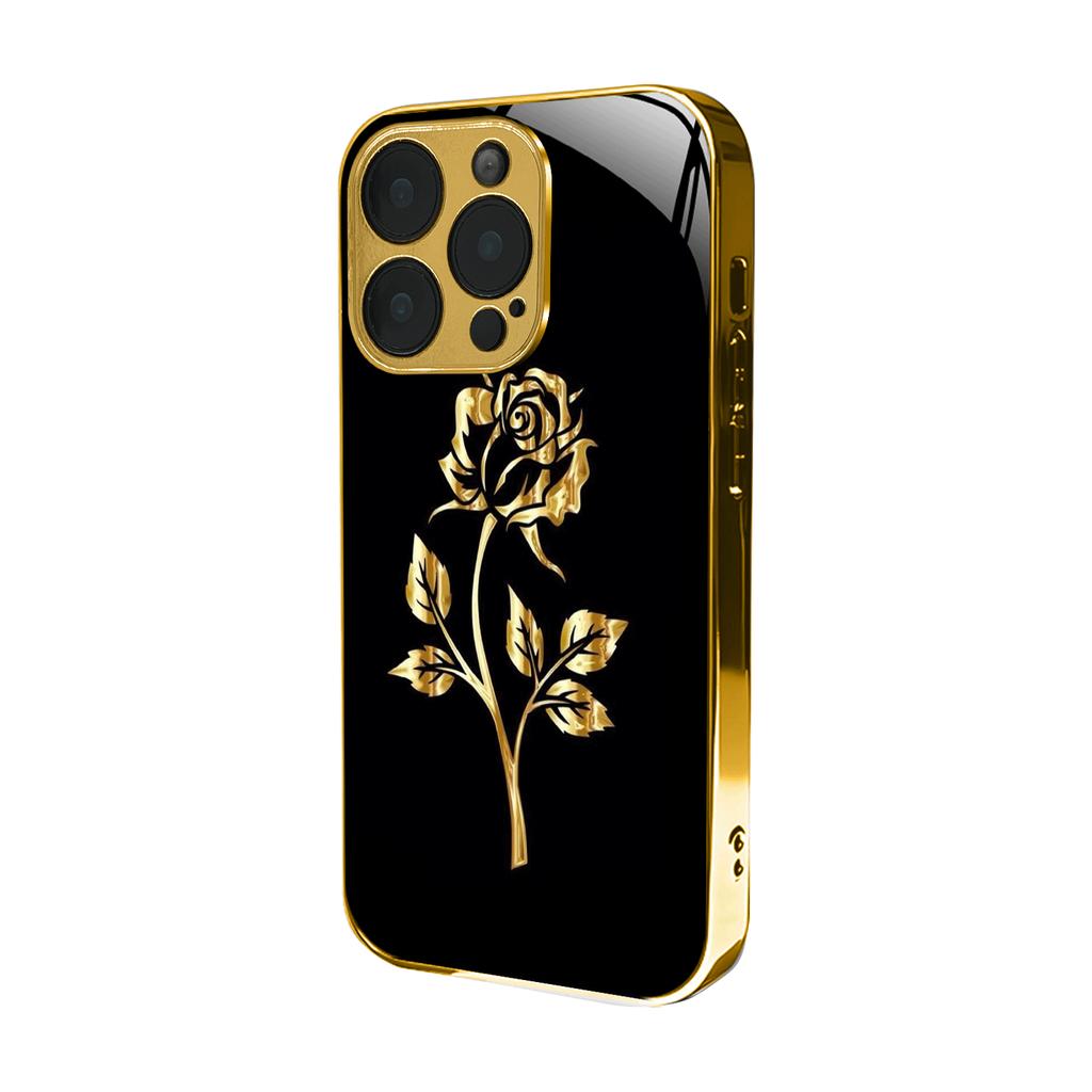 Electroplated Glass Designed Phone Case Gilded Rose Pattern Design For iPhone 17 Air 16 15 14 13 12 Pro Max Plus Hard Shell
