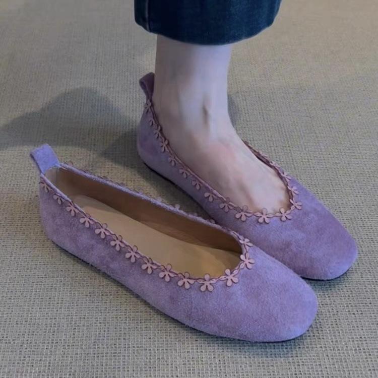 

Sheepskin version~ cow suede flower purple light mouth small single shoes women s age reduction one pedal low heel Chinese Mary Jane shoes 35 фиолетовый