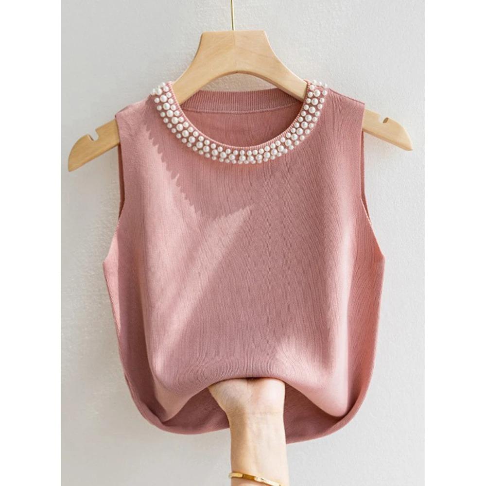 

Knitted Vests Women Top Solid Tank Blusas Mujer De Moda Summer Fashion Female Sleeveless Beading Casual Thin Tops One Size