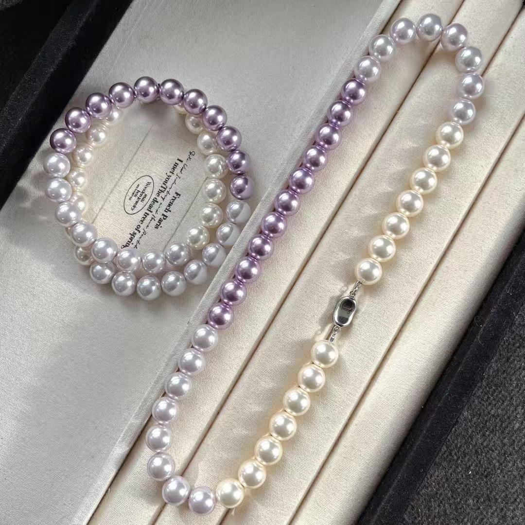 10Mm Retro High Quality Artificial Crystal Mixed Color Gradual Change Purple Pearl Necklace Collarbone Chain