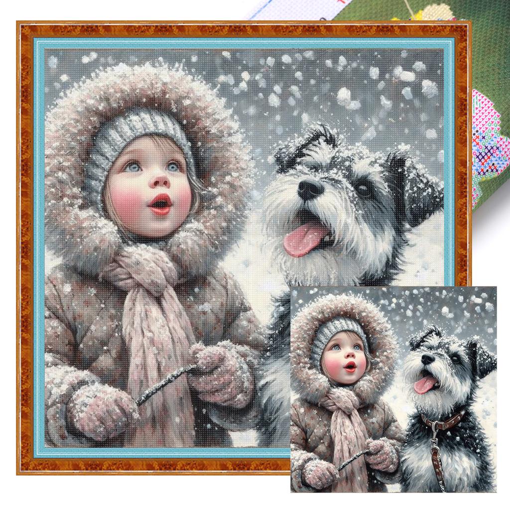 Boy with Puppy Full 11CT 3 Strands DIY Counted Cross Stitch Kits 15.75x15.75inch Needlework Embroidery Kit for Adults Home Decor