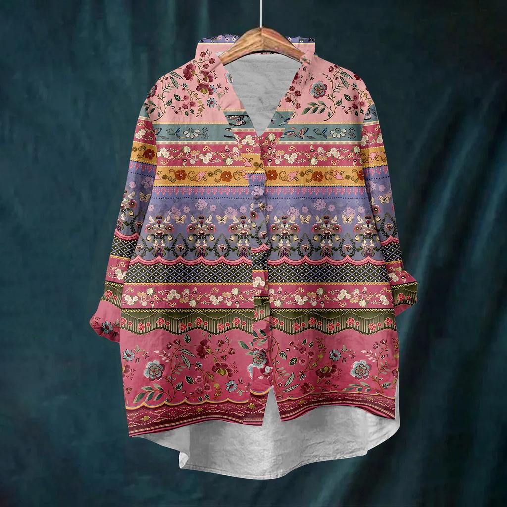 Damen Locker Rüschen Floralprint Stehkragen Langarm Baumwolle und Leinen Top