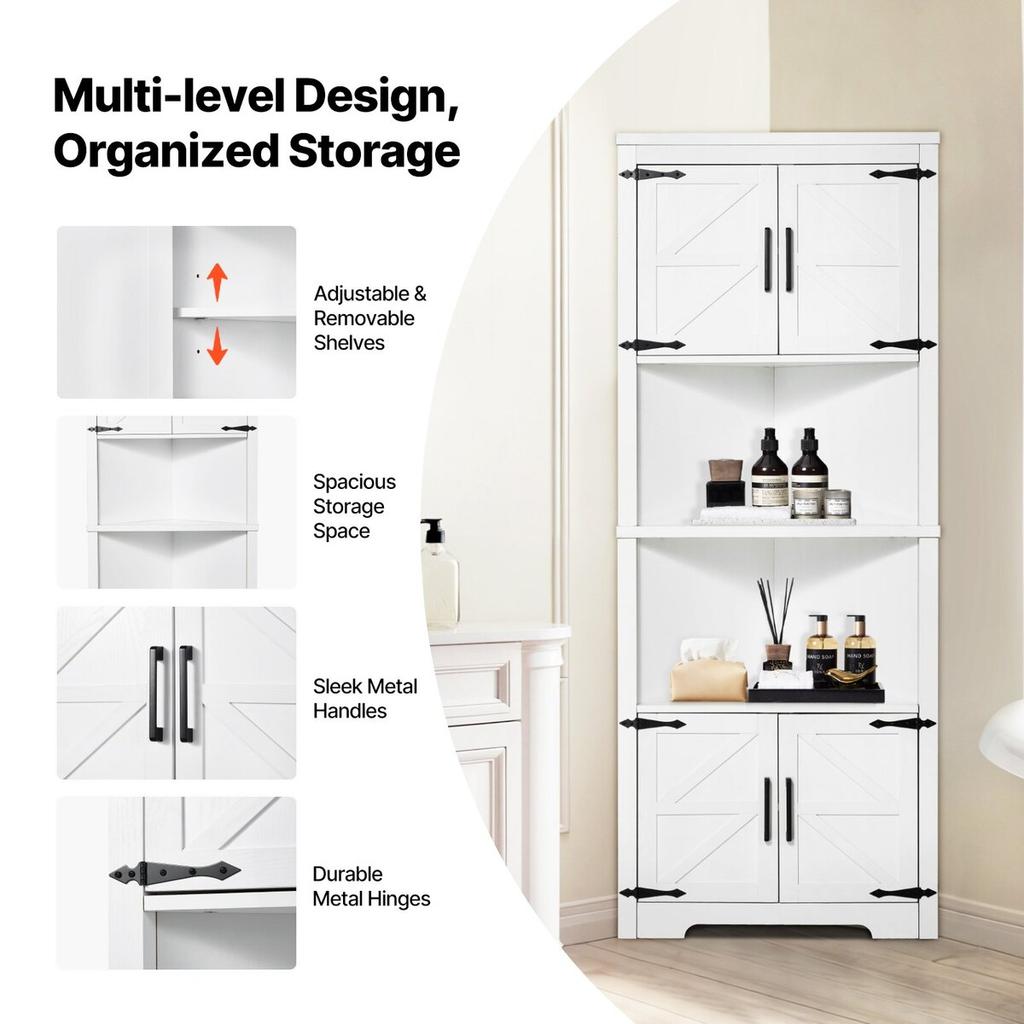 68" Corner Storage Cabinet with 4 Wooden Doors & Adjustable Shelves White
