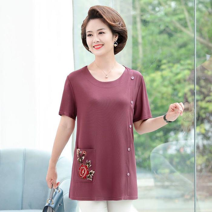 Summer Plus Size Slimming T-Shirt for Middle-aged & Elderly Women - Loose Solid Color Short Sleeve Top
