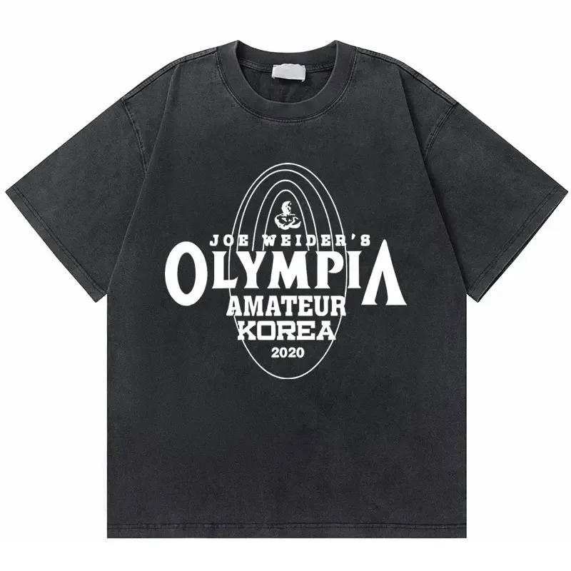 T-shirt Vintage Lavate Olympia Amateur Corea Stampa Double Face Uomo Fitness Palestra Copri Muscoli T-shirt Moda Maschile T-shirt Oversize