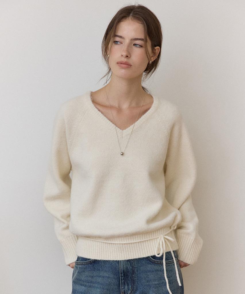 OURHOPE Wool String V-Neck Knit - Ivory