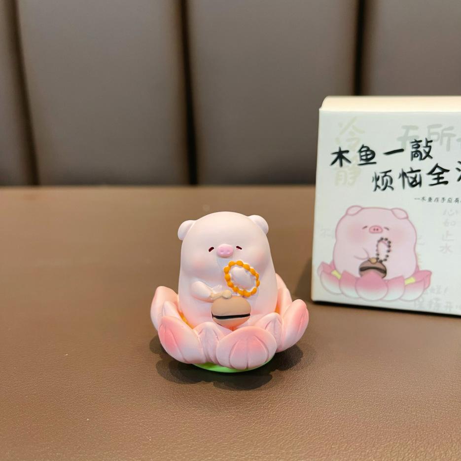 Cartoon Exquisite Resin Handicraft Desktop Small Ornament, Original Buddhist Good Luck Lotus Lotus Pig Cute Handmade Figurines