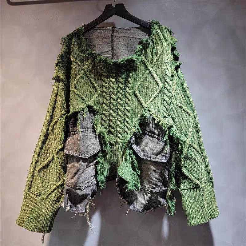 Women Irregular Do Old Pullover Patchwork Pockets Design Vintage Washed Denim Sweater