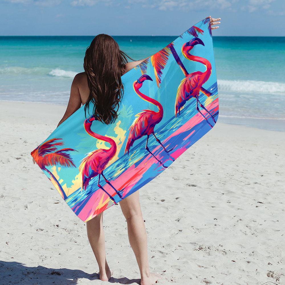 1 Quick-Drying Microfiber Beach Towel With Vivid Flamingo And Palm Tree Design - Soft And Lightweight For The Beach, Camping