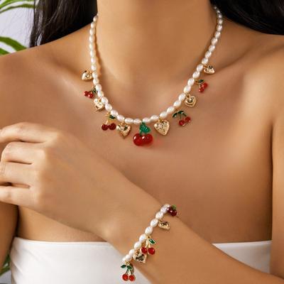 Elegant Heart Charm Necklace Sweet Pearl Choker Necklace New Fruit Cherry Necklace  Women Jewelry