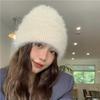 Women Winter Soft Faux Mink Fur Knitted Beanie, Japanese & Korean Style Warm Thick Cashmere-Like Rolled Edge Hat, Cozy Fluffy Purple Knit Cap
