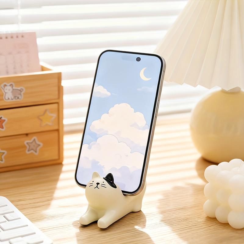 Stretching Cat Figurine, Calico Cat Phone Stand, Desktop Decoration, Creative and Practical for Lazy Binge-Watching