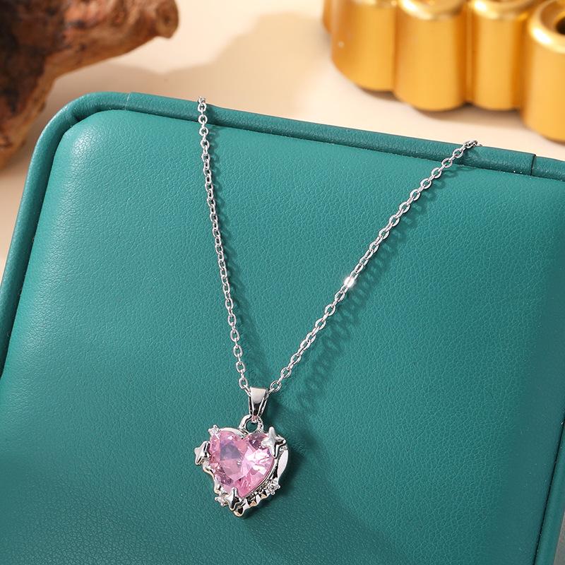 [Micro-Set Pink Zircon Titanium Steel Necklace Sweet Light Luxury Fashion Choker Jewelry]