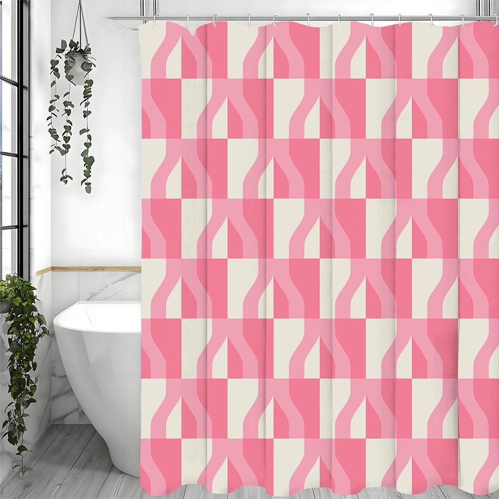Pink Geometric Creative Shower Curtain, Bathroom Decorative Shower Curtain, Waterproof Shower Curtain With Hooks