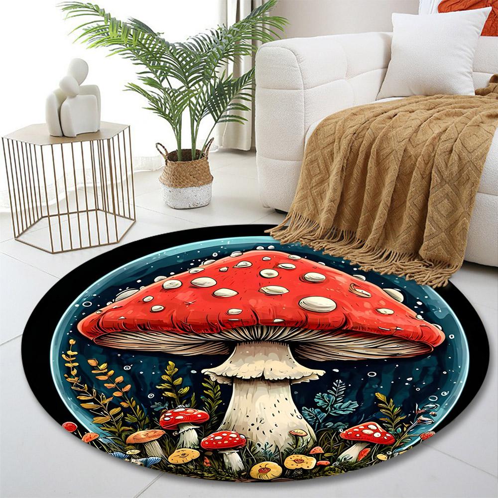 Red Mushroom Fantasy Design Print round rug, living room, bedroom, playroom carpet, non slip floor mat, gift