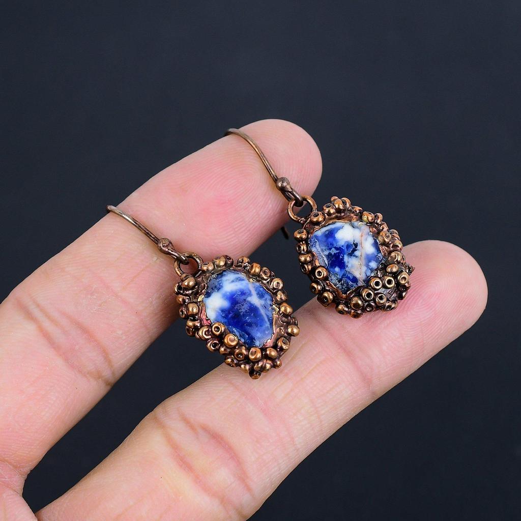 Sodalite Handmade Gemstone Earrings, Copper Electroformed Earrings Antique Jewelry, Earrings For Engagement Gift