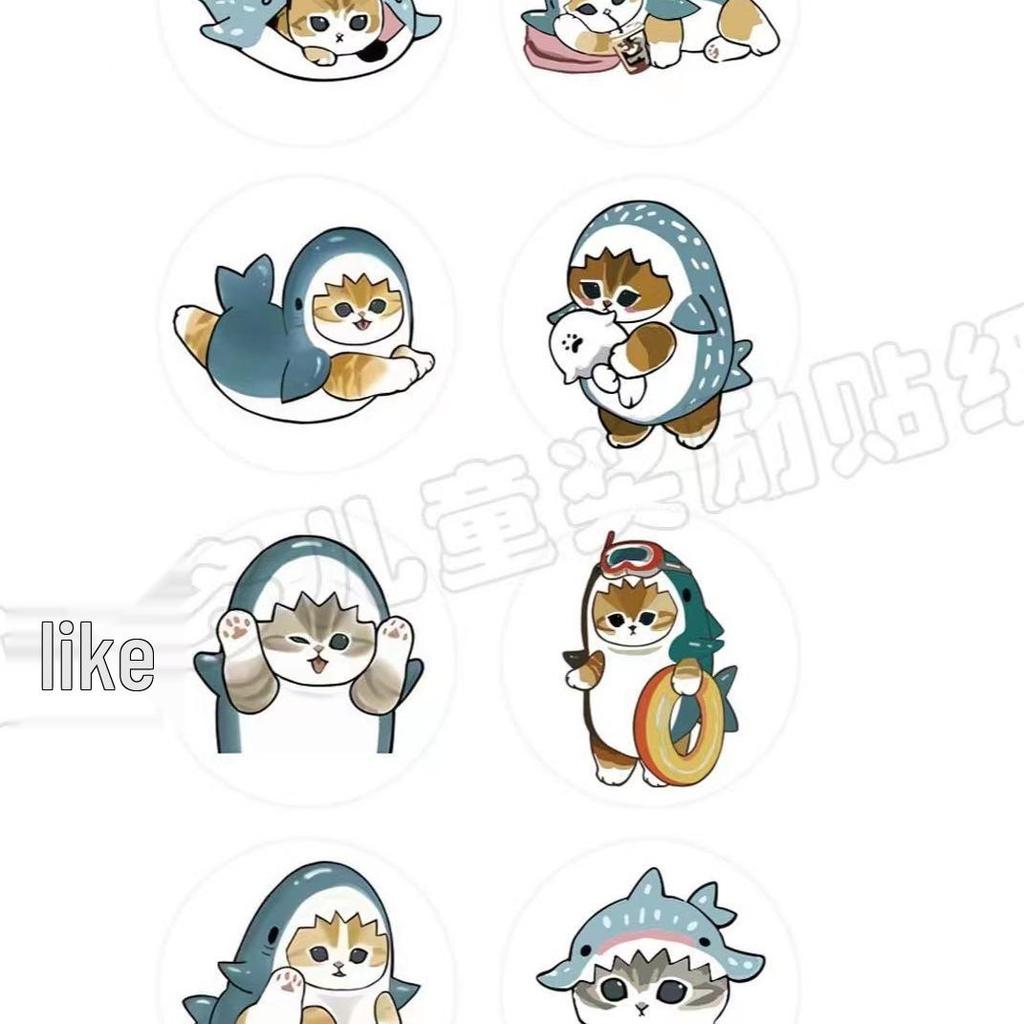 500 Cartoon Shark Cat Stickers, Round Self-Adhesive Labels On Roll