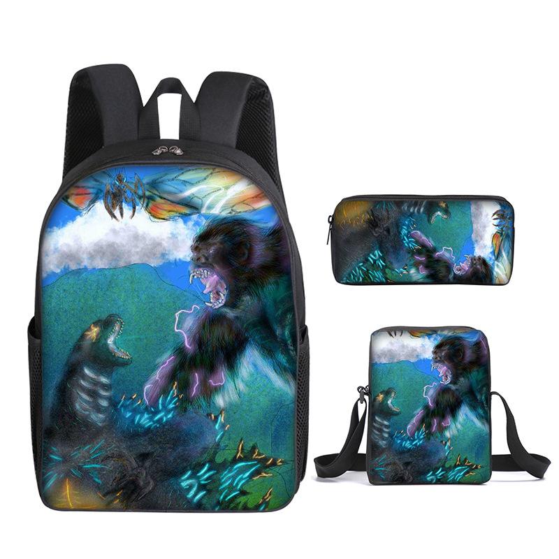 2021 Godzilla Wars King Kong School Bag Three-Piece Combination Set Primary And Secondary School Students Printed Backpack Cartoon School Bag