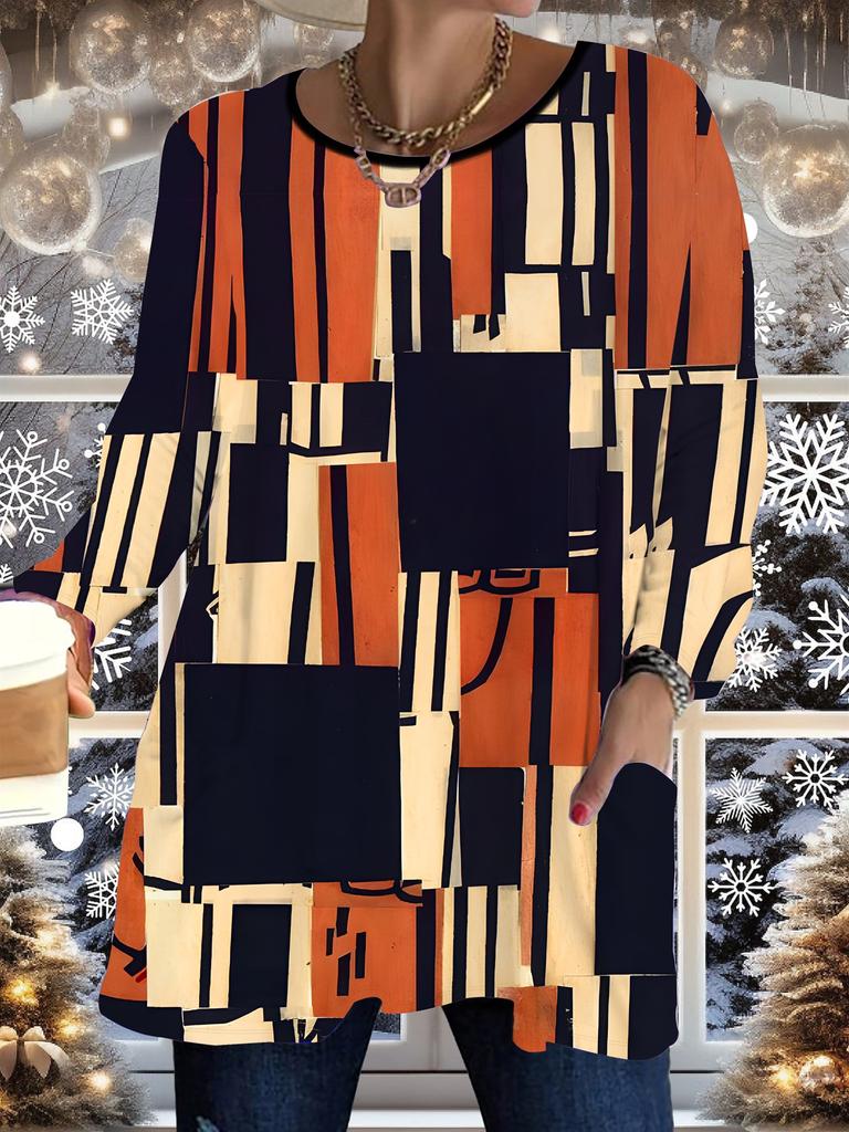 2025 Autumn Winter New Plus Size Women's Tops, Vintage Pattern 3D Print Fashion Crew Neck Long Sleeve T-Shirts