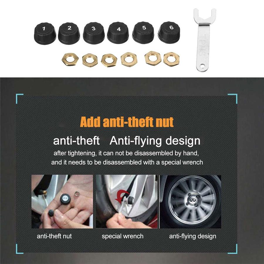 8 Bar Car TPMS Tyre Pressure System Solar Power LCD Display W/6 External Sensors