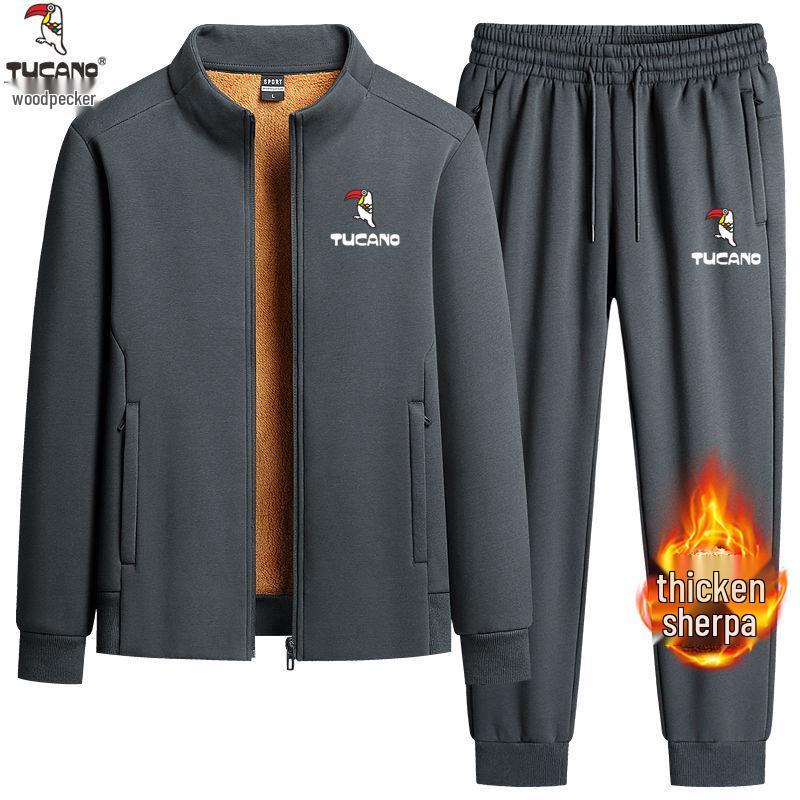 Woodpecker Men's Winter Lambswool Tracksuit Set - Stand Collar, Fleece-Lined, Loose Fit, Two-Piece