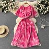 Frenchic Beach Holiday Tie-dye Dresses for Women Summer Lace-up Pleated Chiffon Female Dress A-line V-neck Woman Dress