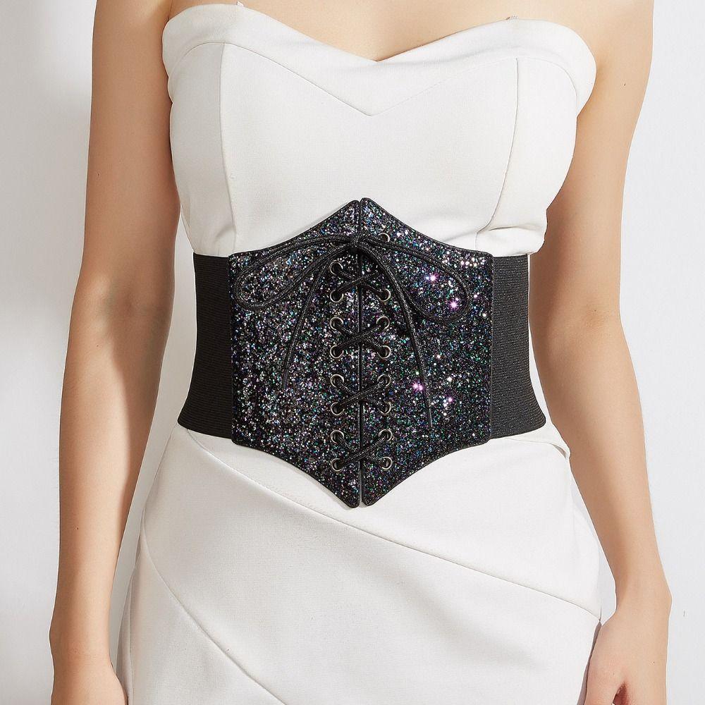 Elastic Gold Cummerbunds Shinny Blingbling Corset Belt Personality Leopard Print Waistband  Women