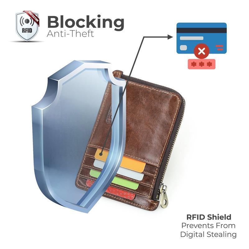 Full Grain Vintage Leather Card Holder RFID Blocking Slim Zipper Coin Pocket