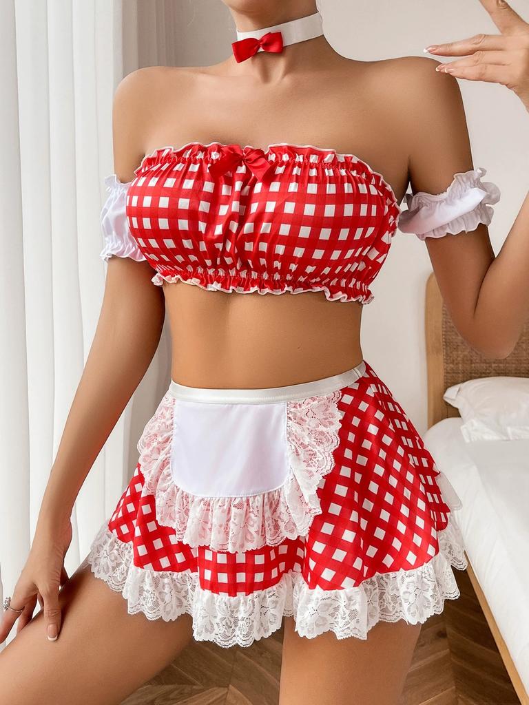Hot Women's School Girl Lingerie Outfits Exotic Costumes Babydoll Erotic Plaid Tube Tops + Thong + Skirt + Choker Set