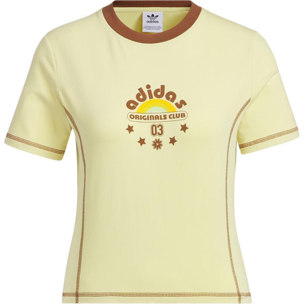 Adidas Originals Retro Sport Camp Crop Fitted Round Neck Fashion Soft Versatile Short Sleeve Regular T-Shirt Women Tops Powder-Yellow JX6571