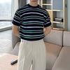 Korean Contrasting Colors T-shirts Summer Stylish Striped Round Neck Men's Casual Short Sleeve Basic Knitted Pullovers