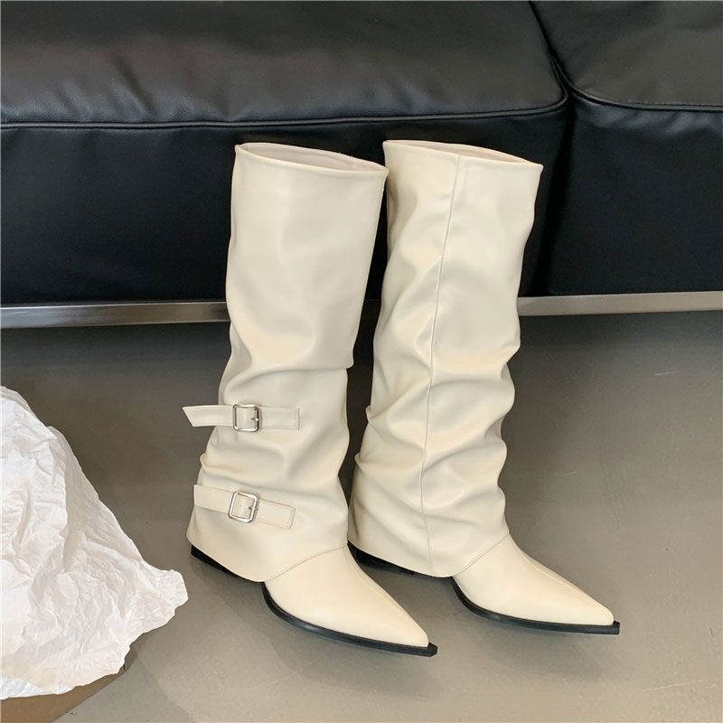 Pointed Buckle Pleated Pile Boots Women's Thick Heel 2025 Punk Style Knight Boots Fried Street Hot Girl High Heel Boots