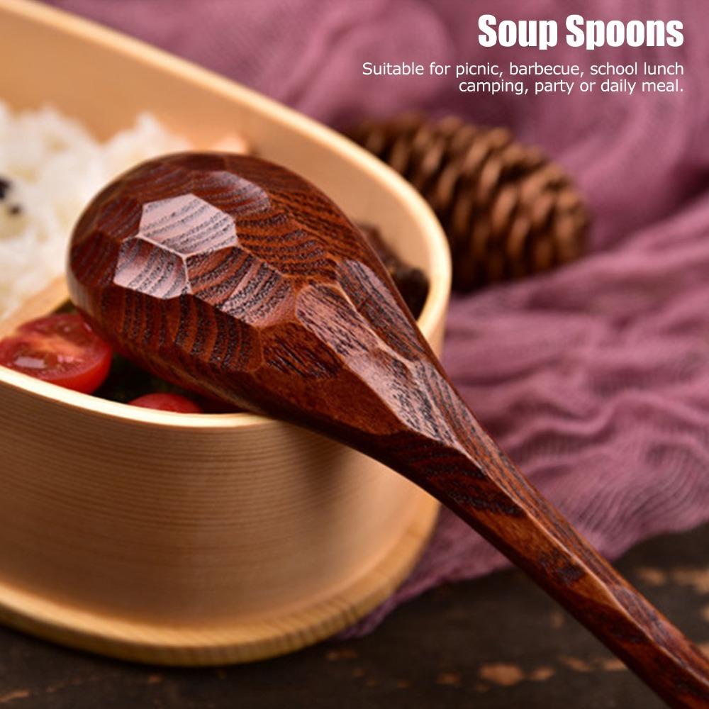 5Pcs Solid Wood Wooden Spoons Polished Surface Long Handle Spoons Tableware Set  For Soup Cooking